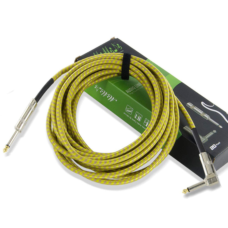 [AUSTRALIA] - MIMIDI 20 ft Guitar Cable, 6.3mm 1/4 Inch Right Angle to Straight, Electric Instrument Bass Cable AMP Cord with Tweed Cloth Jacket (Yellow) Yellow 