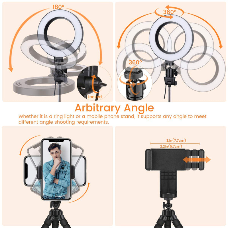 6 inch Selfie Ring Light with Tripod Stand & Phone Holder & Selfie Stick for Live Stream/Photography/Makeup,Dimmable LED Ringlight 3 Modes 10 Brightness Levels for TikTok/YouTube(Upgraded)