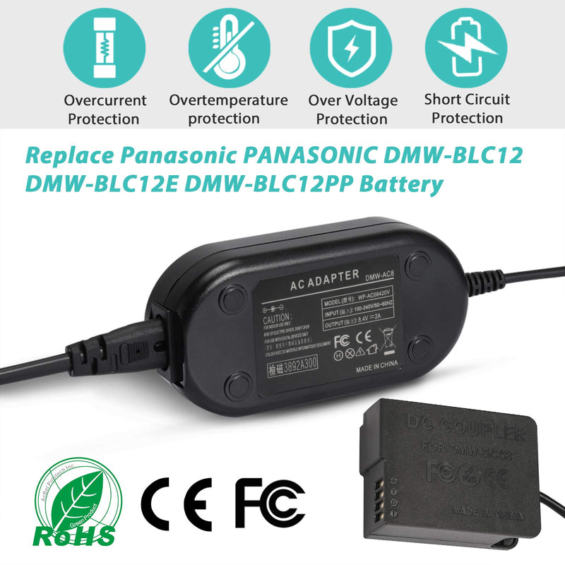 PowEver DMW-DCC8 Plus DMW-AC8 Camera AC Adapter Power Supply Replacement of DMW-BLC12 Battery for Panasonic DMC-FZ200 FZ300 FZ1000 FZ2500, DMC-GH2, DMC-G5 G6 G7 G85 GX8, Lumix DC-G90 G95 Cameras