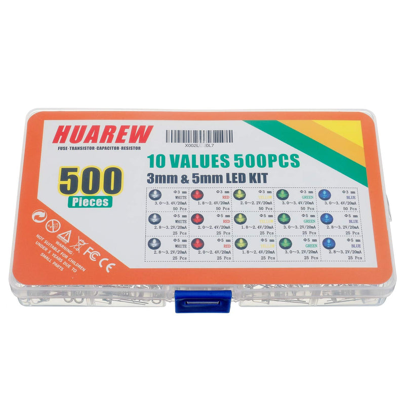 HUAREW 10 Values 500 Pcs LED Light-Emitting diode 3mm & 5mm with White, red, Yellow, Green, Blue 5 Color Classification kit