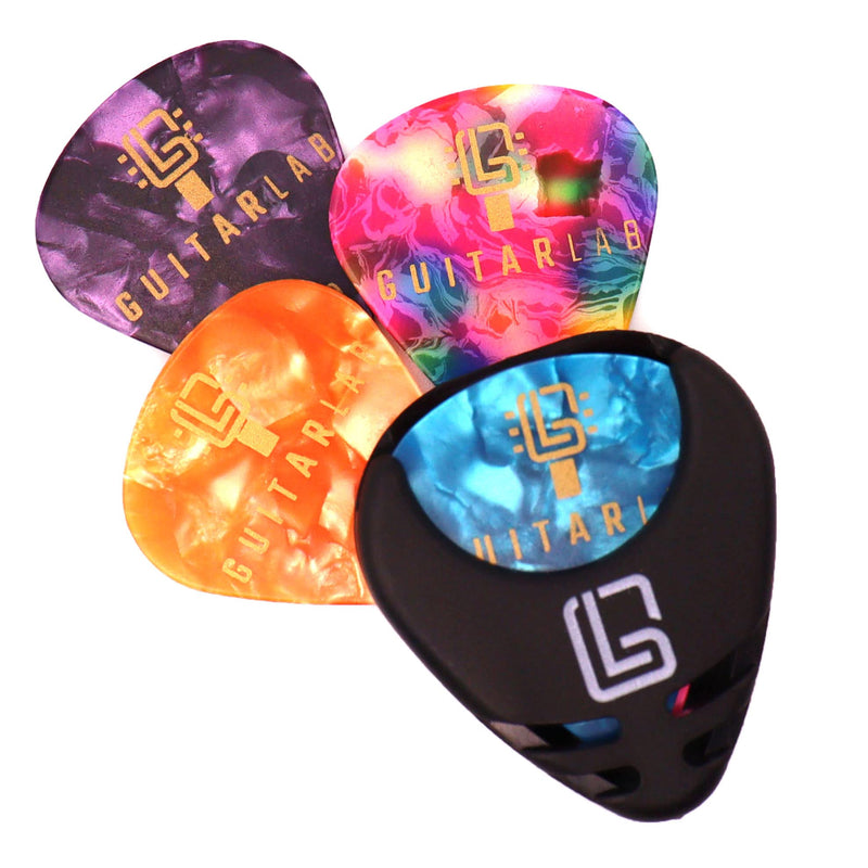 Guitar Pick Stick-on Holder with 10 mixed picks by Guitar Lab | Celluloid Plectrums for electric, bass, guitar or ukulele | Pick Storage Accessories | 10 picks 0.46mm, 0.71mm and 0.96mm