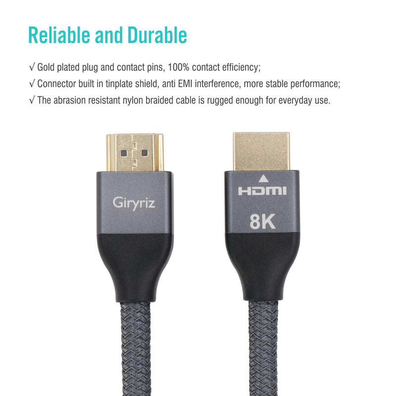 8K HDMI Cable 9.8ft, Giryriz High Speed HDMI 2.1 Cable 48Gbps 8K60Hz 4K120Hz 144Hz, Supports Dynamic HDR, eARC, VRR, ALLM with Braided HDMI Cord 28AWG, Grey 9.8 Feet (3.0M)