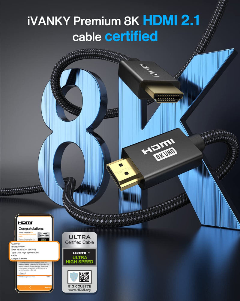 8K HDMI 2.1 Cable 48Gbps 10ft, iVANKY Certified Ultra High-Speed Braided HDMI Cable, 4K@120Hz 8K@60Hz eARC HDR HDCP 2.2 2.3 Compatible with PS5/PS4/Apple TV/Fire TV/Roku/Xbox/MacBook Pro 2021