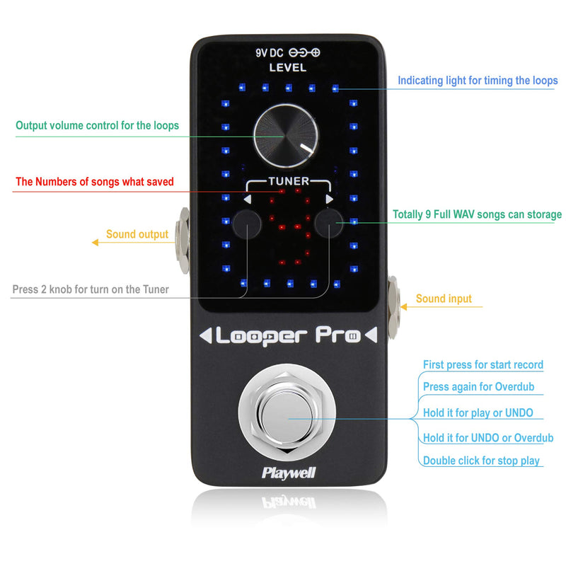 Playwell Looper Pro Effect Pedal with Tuner - 9 Full Songs Storage for Memories and 40 Minutes Recording - WAV Hi-Res Music Export - Infinite Superposition