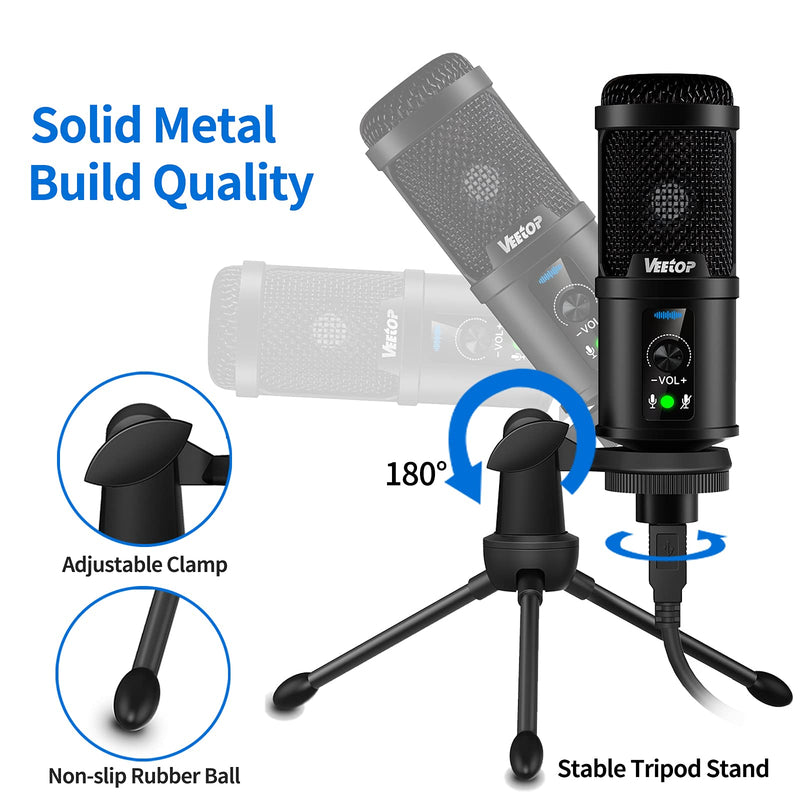 USB Microphone Veetop Metal Computer Condenser PC Mic for Gaming Podcasting Streaming Recording Voiceover YouTube Skype Twitch Zoom Cardioid with Tripod Compatible with Desktop Laptop Windows MacOS