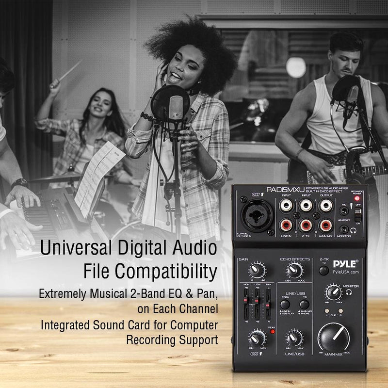 Pyle USB Audio Mixer DJ Controller - 3 Channel USB Mixer Sound Audio Recording Interface with XLR and 3.5 mm Microphone Jack-PAD15MXU