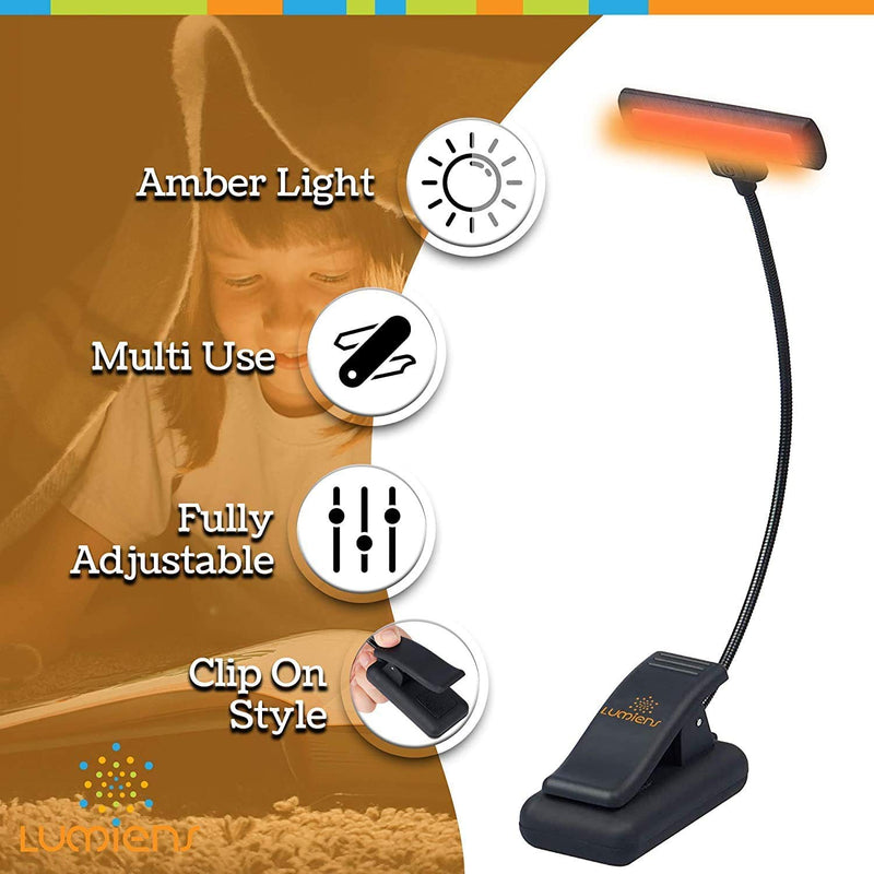 Lumiens Astoria - Amber Reading Light Clip On - 3 Levels of Brightness Book Reading Light - The #1 Eye Care Warm Book Light, Blocks 99.95% of Blue Light, AAA Batteries