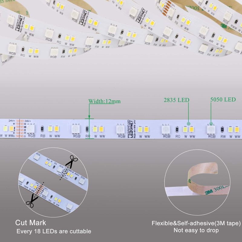 [AUSTRALIA] - LEDENET RGB W WW 24V Flexible LED Strip Lighting Full Color Changing Color Temperature Adjustable Cold White Warm White CCT RGB LED Tape Ribbon Lamp 5m 16.4ft Long Non-Waterproof 