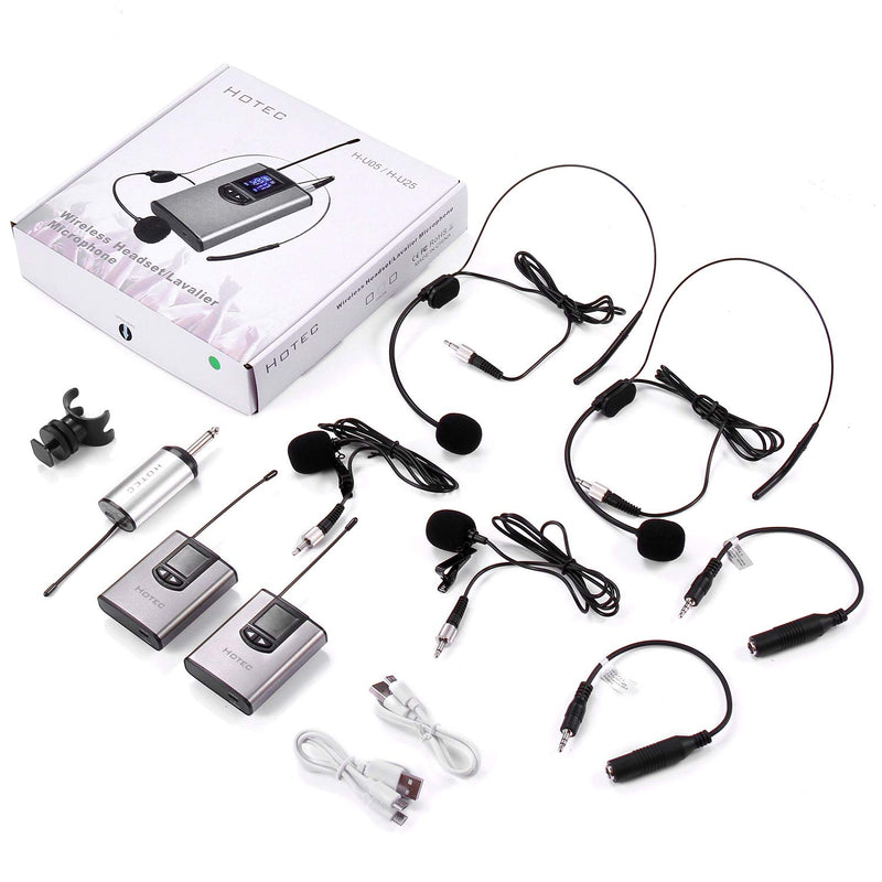 [AUSTRALIA] - Hotec Wireless System with Dual Headset Microphones/Lavalier Lapel Mics and Bodypack Transmitters and One Mini Rechargeable Receiver 1/4" Output, for Live Performances silver 