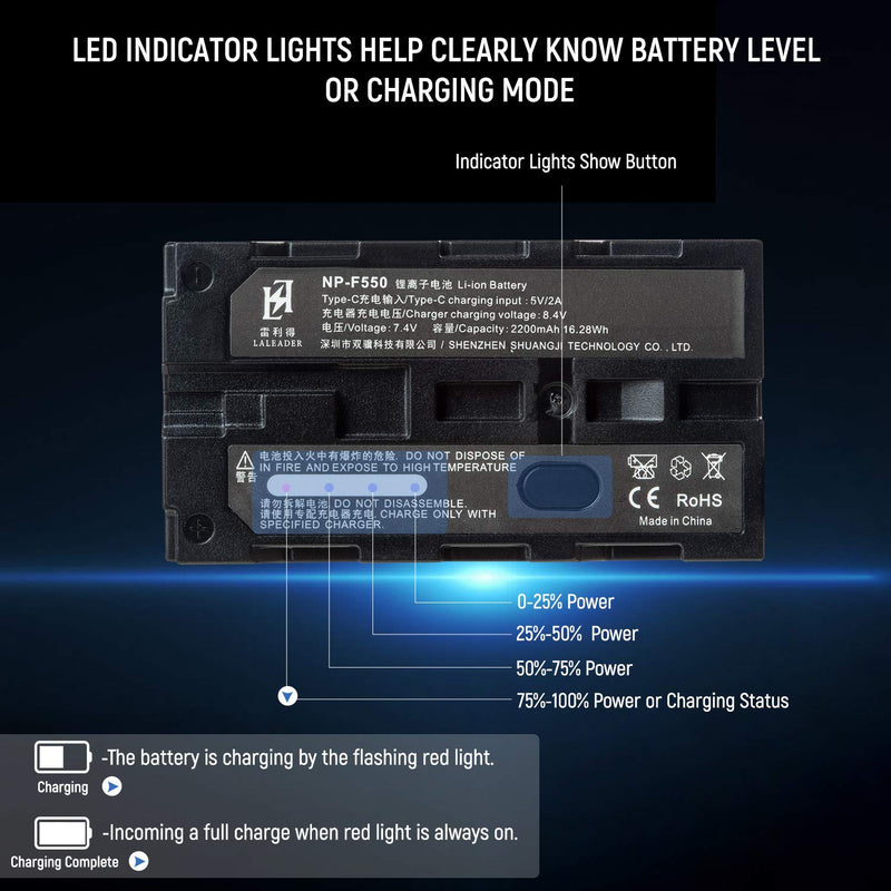 2-Pack NP-F550 2200mAh Li-ion Battery Set, Replacement Battery Kit with USB C Port Charger for LED Video Light, Video Monitor or Ring Light
