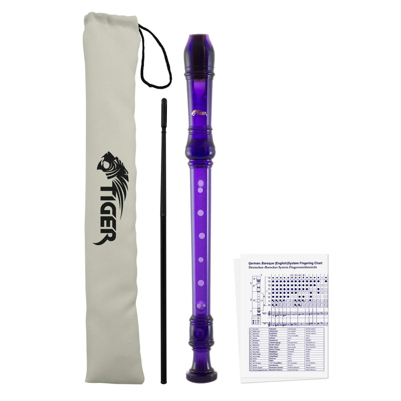 Tiger Music Purple Descant Recorder - Cleaning Rod & Case + Tiger Kids Coloured Descant Recorder - Blue Soprano Recorder, REC7-BL