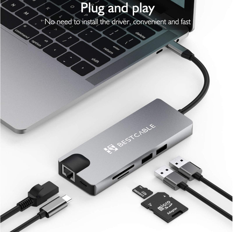 USB C hub Adapter, BEST CABLE USB C 9in1 Multi-Function Extension Hub - USB C to HDMI+Gigabit Ethernet RJ45+2USB3.0+VGA+PD+SD/TF Card+3.5mmAudio,Compatible with MacBook,Samsung,and More…