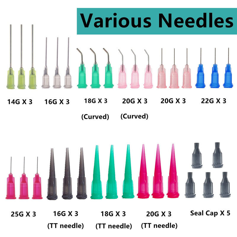 1ml, 3ml, 5ml, 10ml, 20ml Syringes and 30ml+50ml Needle Tip Bottle. 14ga, 16ga, 18ga, 20ga, 22ga, 25ga Blunt Tip Needles and Caps. Measuring Liquids and Refilling (Syringes Needle Tip Bottle Set) 31 Pack