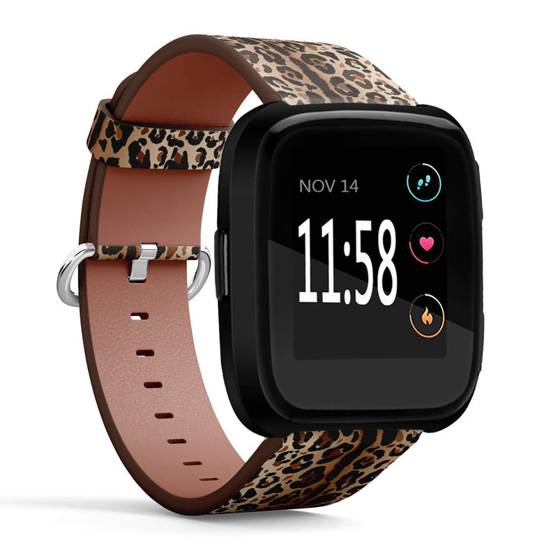 Compatible with Fitbit Versa/Versa 2 / Versa LITE - Leather Watch Wrist Band Strap Bracelet with Quick-Release Pins (Leopard Wild)