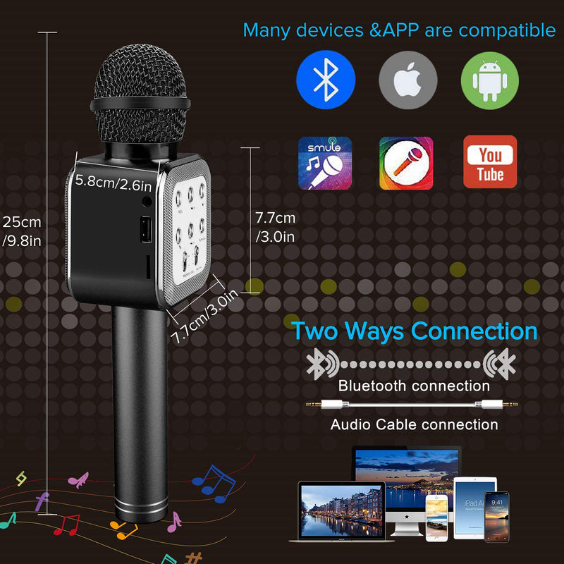 [AUSTRALIA] - ShinePick Kids Microphone, Handheld Wireless Bluetooth Karaoke Microphone with LED Lights, Best Gifts Toys for Girls Boys Adults (Black) Black 