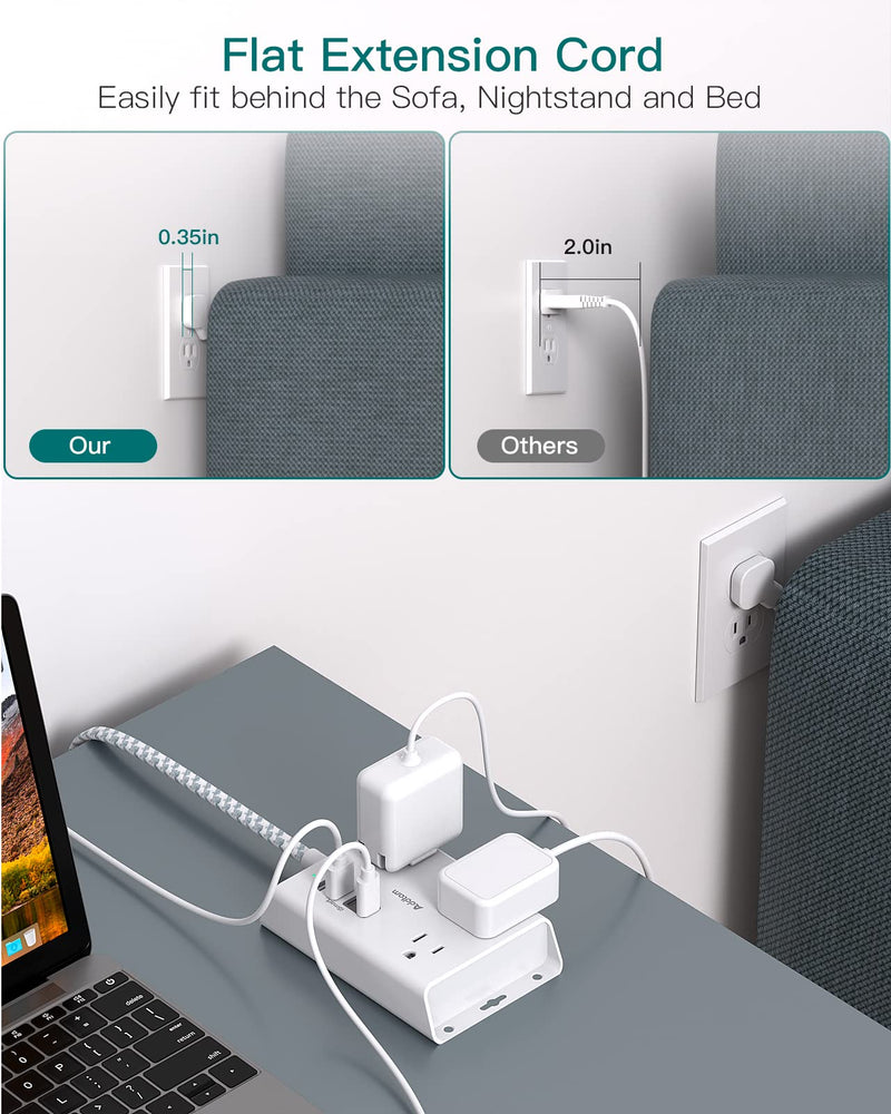 Cruise Ship Essentials - Travel Flat Plug Power Strip, Flat Extension Cord with 3 Widely Outlets and 4 USB Ports (2 USB C) Desktop Charging Station, Home Dorm Room Essentials