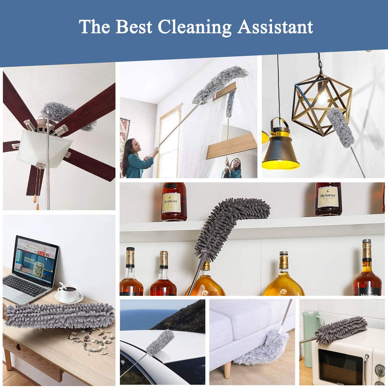 [AUSTRALIA] - Microfiber Duster for Cleaning, 100" Extension Pole Telescoping Duster, Bendable & Washable Dusters for Clean Cobwebs, Ceiling Fan, High Ceiling, Blinds, Furniture, Cars Gray 