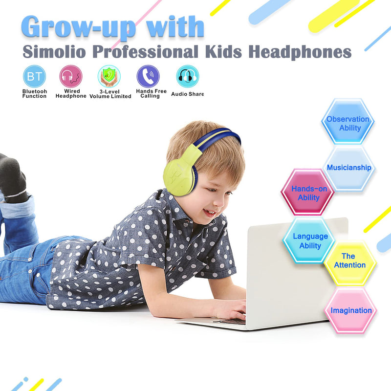 SIMOLIO Wireless Bluetooth Kids Headphones with Volume Limited, Hearing Protection Kids Wireless Headset, Wireless Headphones for Kids, Bluetooth Headsets for Girls,Boys, Gifts(Yellow) 4-Yellow
