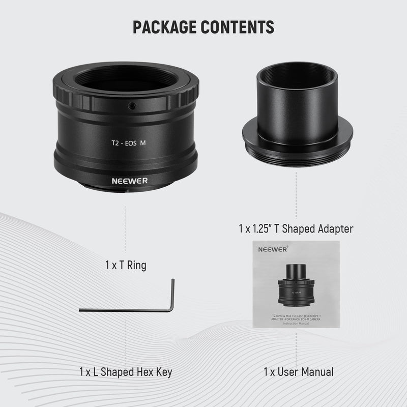 NEEWER EF-M to T2 Adapter with 1.25" Telescope Adapter Set, T Ring T Mount EOS M Telescope Lens Adapter Compatible with Canon EOS M M2 M3 M5 M6 M10 M50 M100 M200 Telescope Spotting Scope, LS-T13