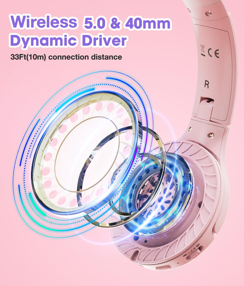 KONNAO Kids Headphones Wireless 60H, Foldable On Ear Headphone with MIC, Volume Limiter 85dB/94dB Wireless & Wired Headphones, Over-Ear Headphones for Kids School Online Classes Travel, Pink Bluetooth