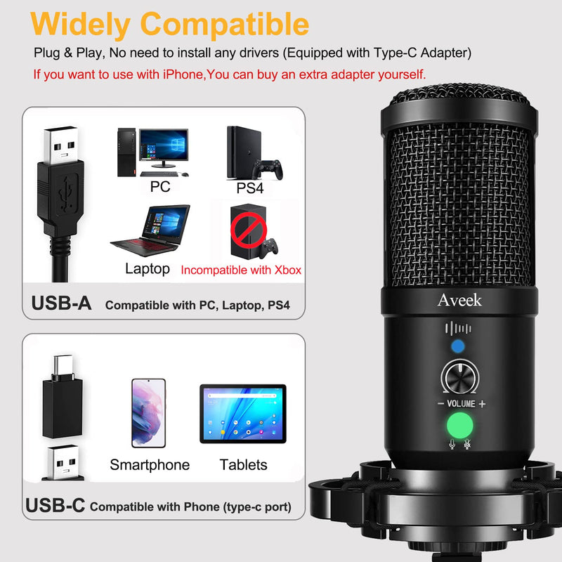 USB Microphone Kit 192KHZ/24BIT, Aveek Podcast PC Microphone with Mute, Headset Monitoring & Noise Cancelling, Cardioid Condenser Mic with Boom Arm for Computer and Phone, YouTube, Gaming, Recording