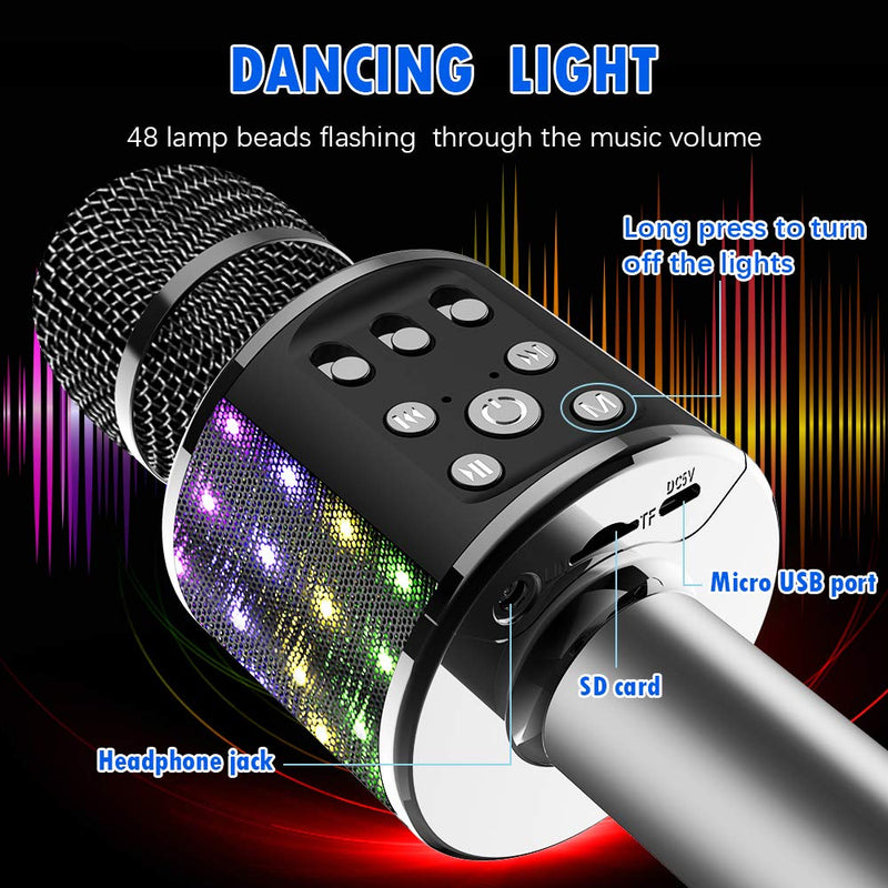 [AUSTRALIA] - Karaoke Microphone,4-in-1 Portable Handheld Wireless Bluetooth Microphone,with Double Singing,Controllable LED Lights, Family Party Karaoke Speaker black 