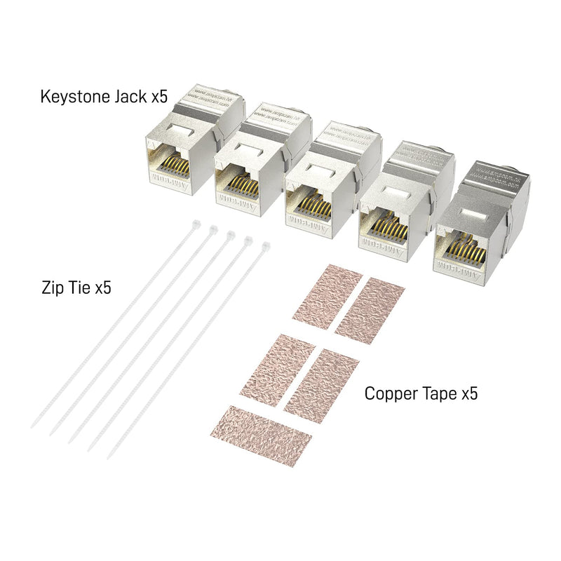 AMPCOM Shielded CAT7 Keystone Jack Zinc-Alloy RJ45 Tool-Free Coupler 5-Pack