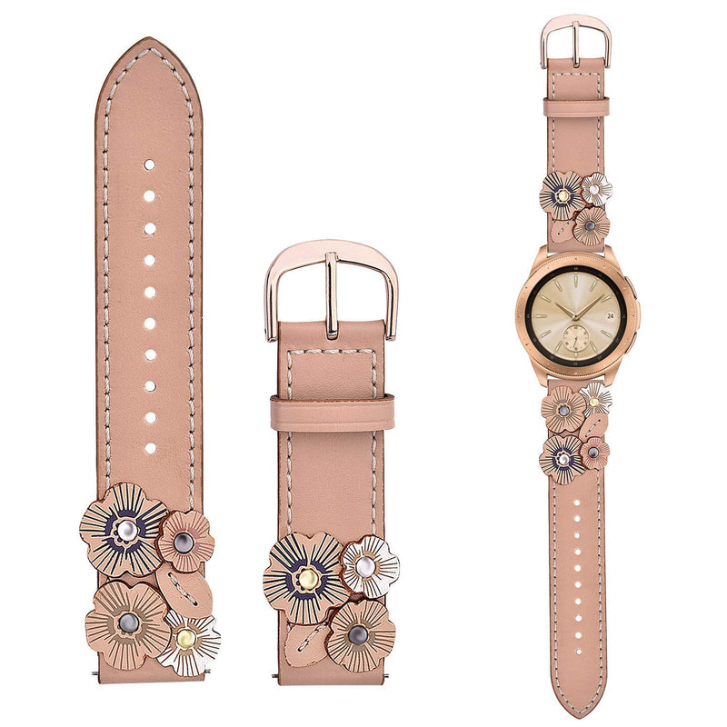 V-MORO Leather Strap Compatible with Galaxy Watch 4 Bands 40mm 44mm/Galaxy Watch 42mm Band Fashion Flower Wristband with Rose Gold Buckle for Galaxy Watch 4 Classic 42 46mm/Active 2 40mm/Active SM-R500 Beige