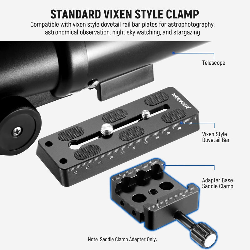 NEEWER Telescope Mount Tripod Adapter Base Saddle Clamp for Vixen Style Dovetail Bars, with M6 M8 Countersunk Bores for Astronomical Astronomy OTA Equatorial Head, Drop in Mounting Supported, QR011