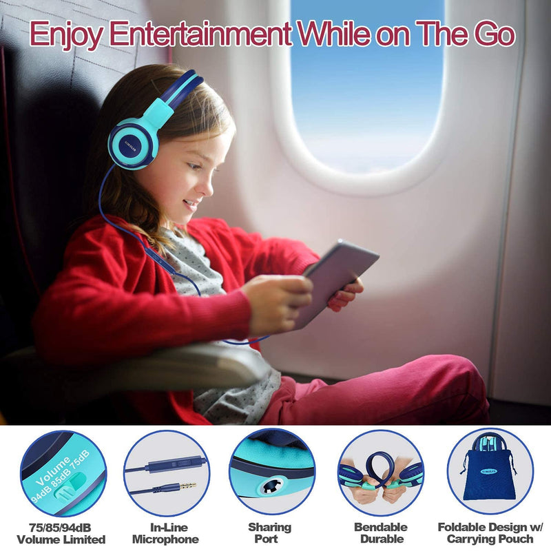 SIMOLIO Wired Headphones with MIC & Volume Control & 3 Switchable Volume Limited & Share Jack, Foldable Lightweight Headset with Bag for Kids Teens Boys Adults Youths School Travel PC Computer Tablets