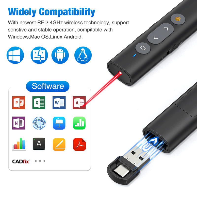 [AUSTRALIA] - 2 in 1 USB Type C Presentation Clicker with Laser Pointer, Wireless Presenter for PowerPoint Presentation PPT Clicker, 2.4GHz Presenter Remote Slide Advancer with Bright Red Laser Pointer X140 Red-2in1 USB C 