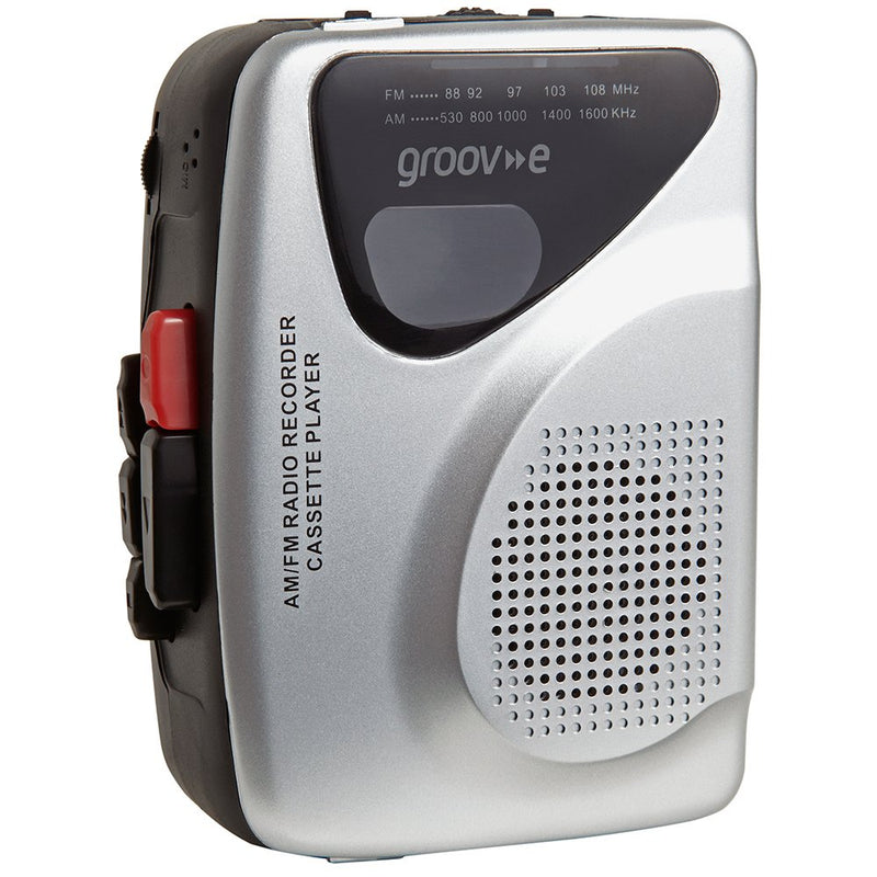 Groov-e GVPS525SR Portable Retro Personal Cassette Player and Recorder with Built-In Speaker & Microphone, AM/FM Radio, 3.5mm Headphone Jack and Earphones Included - Black/Silver