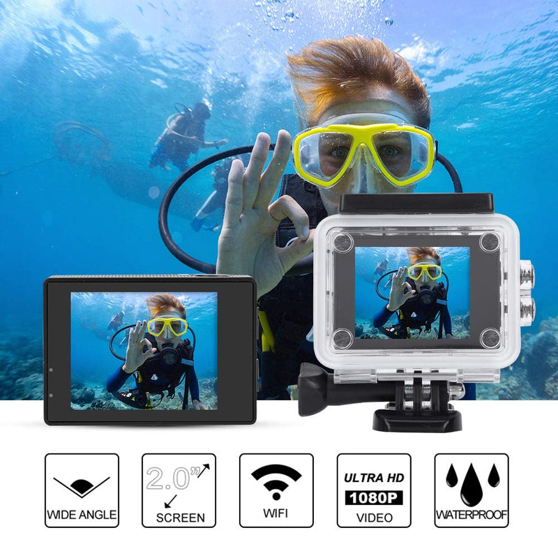 Action Camera, 1080P 30fps 12MP HD WiFi 30M Waterproof Sports Camera 2 Inch Touch Screen with Accessories for Vlogging, Diving, Skiing(Gold) Gold