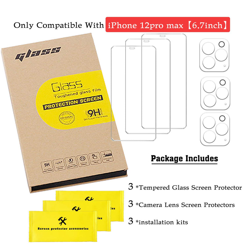 [6 Pack] 3 Pack iPhone 12 Pro Max Screen Protector and 3 Pack Camera Lens Screen Protector for iPhone 12 Pro Max 6.7" Tempered Glass Film,[HD Clear][Anti-Scratch][Anti-Fingerprint][Bubble Free][Easy-Installation Tool]