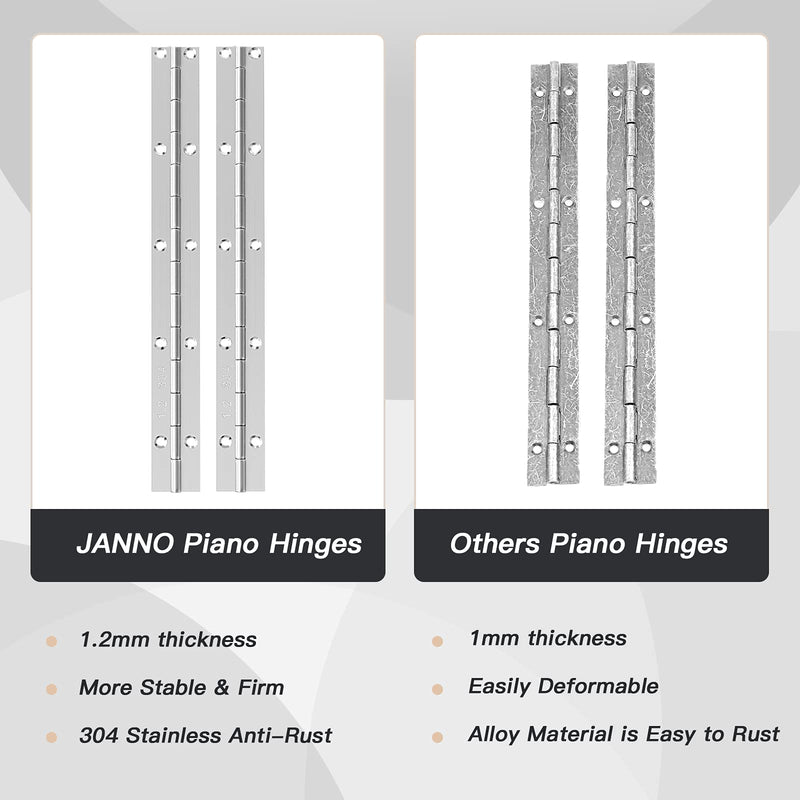 2 PCS 12 Inch Stainless Steel 304 Piano Hinge, JANNO 0.047 Inch Thickness Heavy Duty Continuous Folding Hinge, High Polished Surface Hinge for Doors, Cabinet, Boxes, Home, Kitchen and DIY Wood Craft