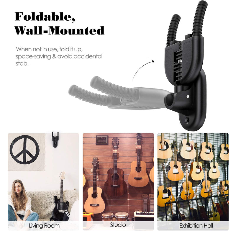 MoKo Guitar Wall Hanger, Foldable Guitar Wall Mount Bracket Display Stand Guitar Holder Auto-Lock Guitar Hook with Metal Base for Acoustic Electric Guitar Bass, Ukulele, Black