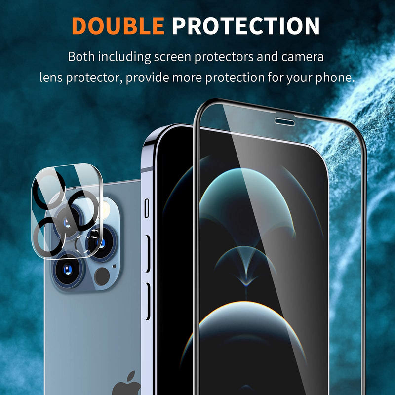 4 Pack LK 2 Pack Screen Protector + 2 Pack Camera Lens Protector Compatible with iPhone 12 Pro Max 6.7-inch, 9H Tempered Glass, Full Coverage, Shatterproof, Come with Easy Frame Installation Tray