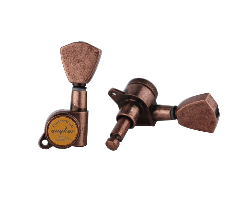 Guyker Guitar Locking Tuners (3L + 3R Handed) - 1:18 Models Rear Lock String Tuning Key Pegs Machine Head with Trapezium Button Antique Bronze, GK04SP