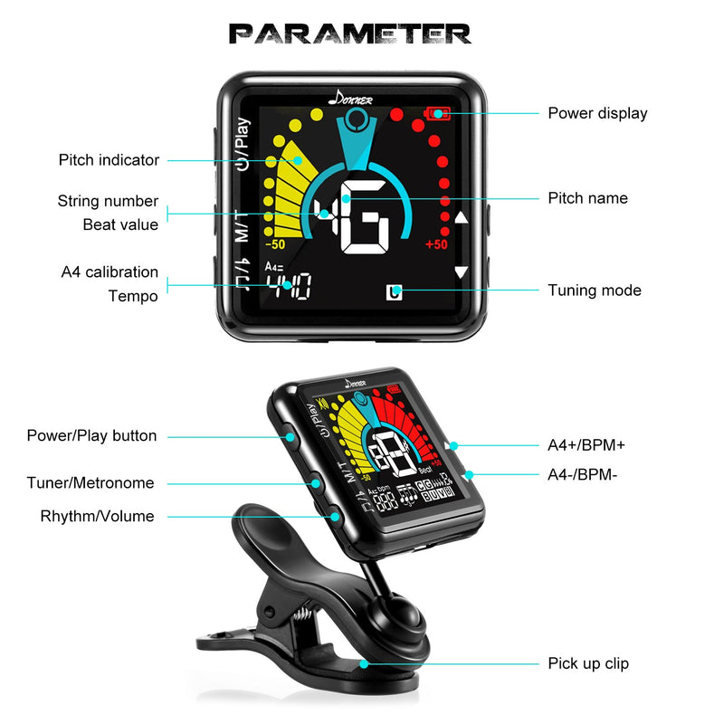 Donner Rechargeable Clip on Tuner for All Instrument, Guitar Ukulele Bass Banjo Vionlin Mandolin Digital Metronome Tuner Tone Generator 3 in 1