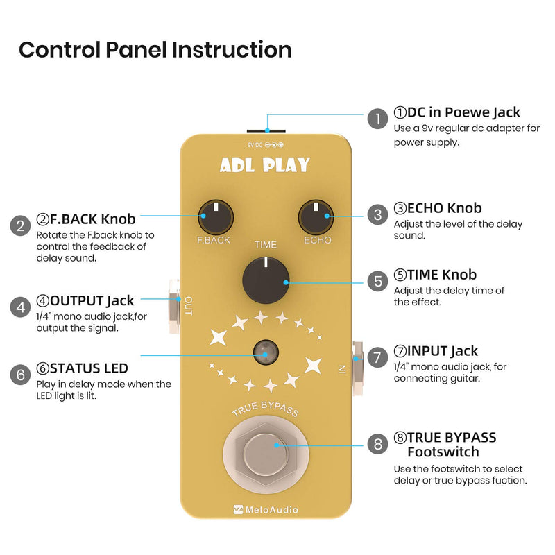 [AUSTRALIA] - MeloAudio Classic Delay Guitar Effect Pedal with True Bypass Full Metal Shell, Electronic Power Supply, Picks and Patch Pedal Cable 