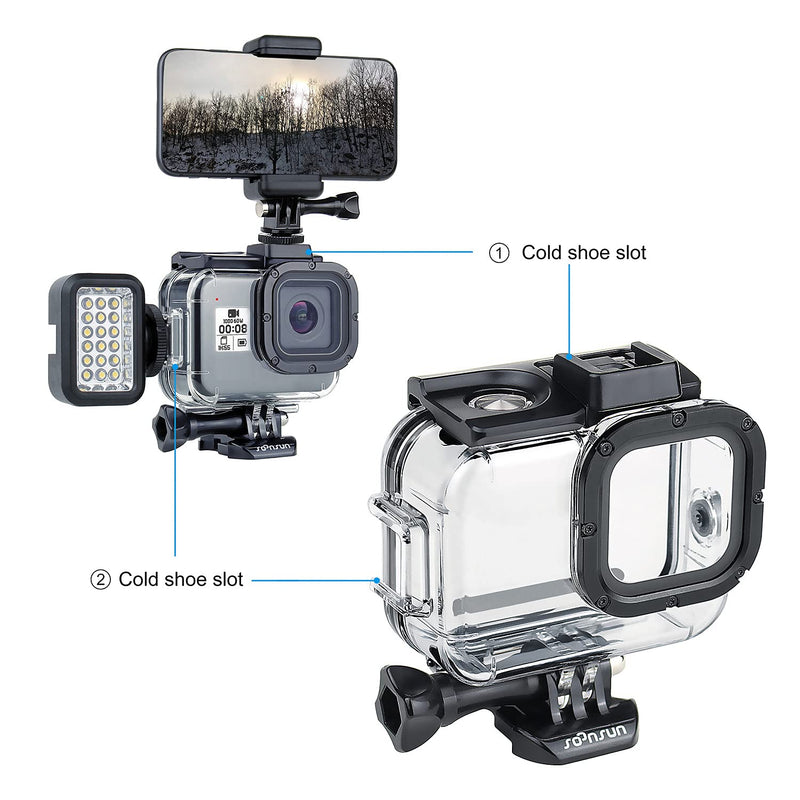 SOONSUN Waterproof Housing Case for GoPro Hero 8 Black with 4-Pack Diving Filter - 60M Underwater Diving Housing Built-in Dual Cold Shoe Slots with Red, Light Red, Magenta and 5X Macro Filter Waterproof Housing with Filters for HERO8 Black