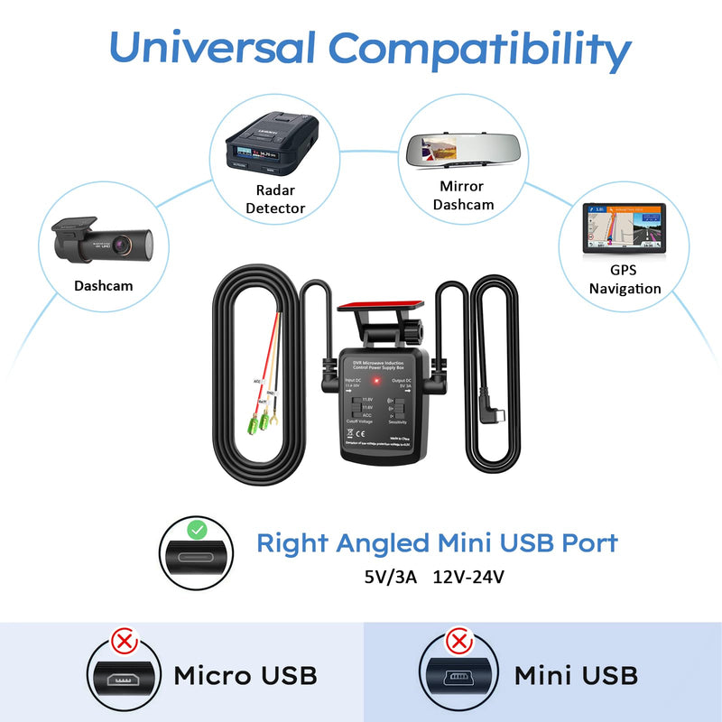 Dash Cam Hardwire Kit USB C Microwave Radar Sensing Dashcam Hardwiring Kit 12V-24V to 5V/3A Dash Camera Adapter Hardwire Charger Cable 11.5ft (Type C USB) Type C USB
