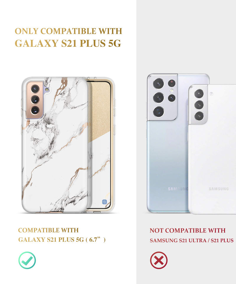 GVIEWIN Compatible with Samsung Galaxy S21 Plus Case 5G 6.7 Inch, Marble Shockproof Bumper Hard Back Dual-Layer Protective Cover Without Built-in Screen Protector (White/Gold) White/Gold
