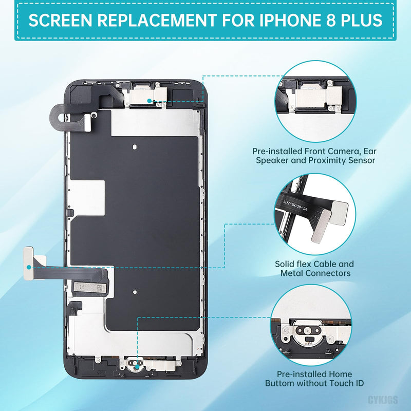 for iPhone 8 Plus Screen Replacement with Home Button Black Repair Kit 3D Touch LCD Display Digitizer Full Assembly with Front Camera Ear Speaker Sensor Glass Fix Tool 8plus 5.5" for A1864 A1897 A1898