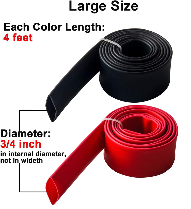 PONFY Dual Wall Heat Shrink Tubing 3:1 Ratio Heat Activated Adhesive Glue Lined Marine Shrink Tube Wire Sleeving Wrap Protector Black and Red, 2 Pack, 1.2M/4FT (Dia 19.05mm (3/4")) 3/4" Diameter 4FT Black + 4FT Red