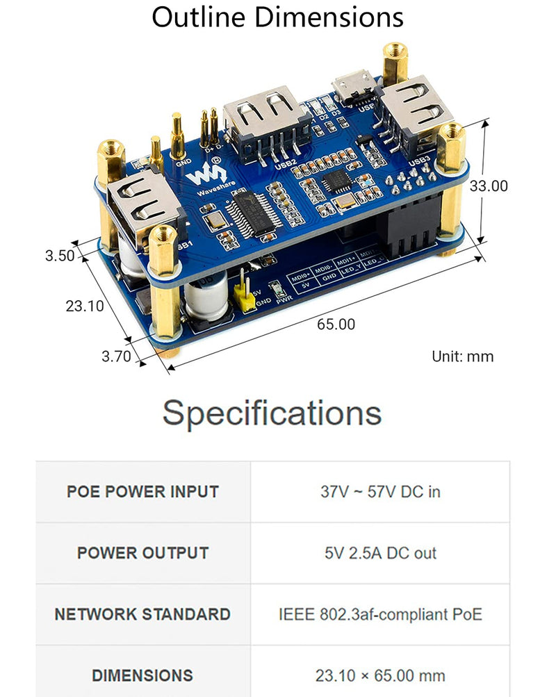 Power Over Ethernet (PoE) Ethernet/USB HUB HAT for Raspberry Pi Zero/Zero W/Zero WH, 3X USB 2.0 Ports, RJ45 Ethernet Port 802.3af-Compliant PoE/ETH/USB HUB HAT