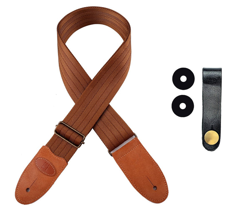 Guitar Strap with Suede Leather Ends for Electric Guitar, Acoustic Guitar and Bass, Includes 2 Safety Locks, 1 Leather-made Guitar Strap Button, Best for Guitar Players (Brown) Brown