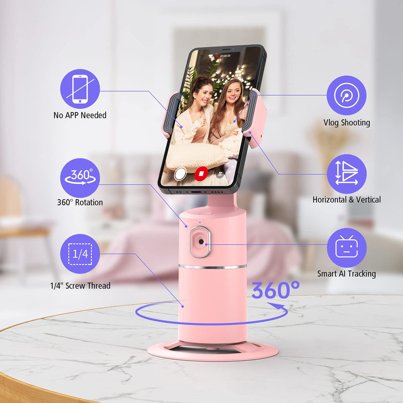[AUSTRALIA] - Auto Face Tracking Phone Holder, No App Required, 360° Rotation Face Body Phone Tracking Tripod Smart Shooting Camera Mount for Live Vlog Streaming Video, Rechargeable Battery-Pink Pink 