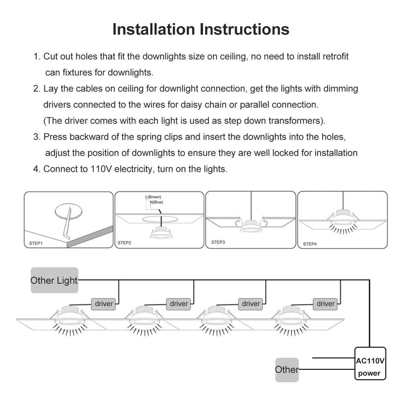 YGS-Tech 2 Inch LED Recessed Lighting Dimmable Downlight, 3W(35W Halogen Equivalent), 4000K Nature White, CRI80, LED Ceiling Light with LED Driver (4 Pack) 4000k (Nature White) 4 Pack