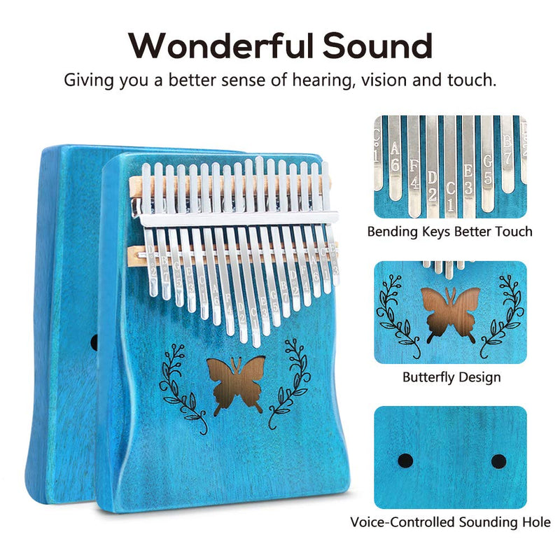 UMORNING Kalimba 17 Keys Thumb Piano Butterfly Pattern Solid Mahogany Wood Portable Finger Piano with Study Instruction and Tune Hammer Gift for Adults, Kids and Beginners A-blue